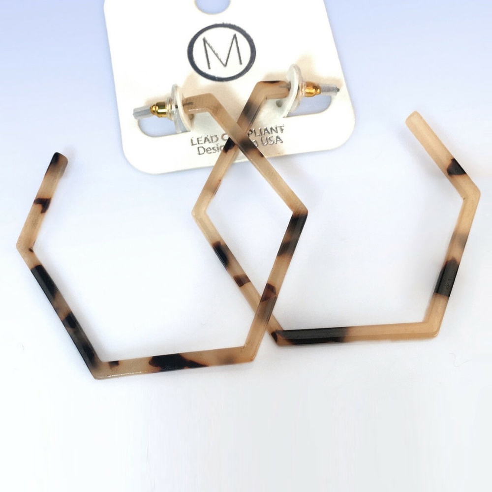 Slim Hexagon Hoop Earrings Tan/Brown Marbled Resin